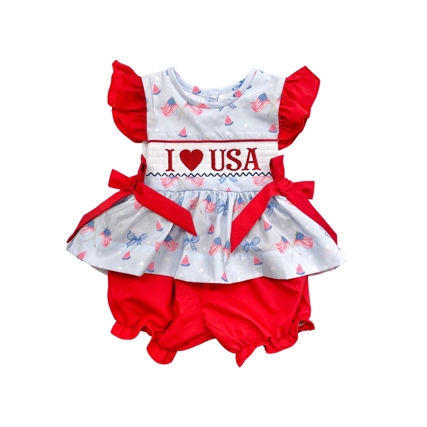 Elizabeth Ann Girls Hand Smocked "I Love USA" Bloomer Set
