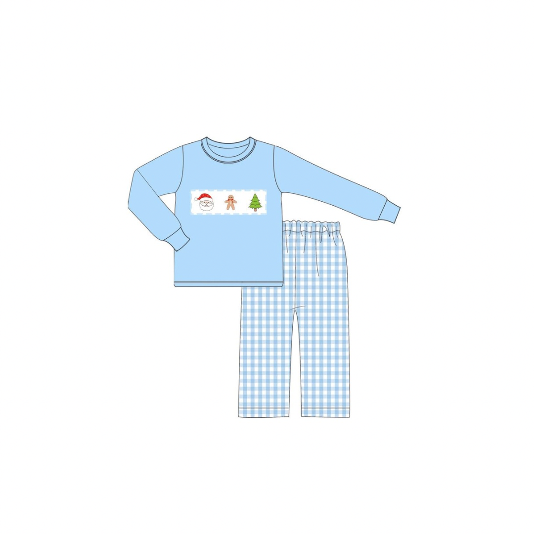 PRE ORDER - Funfetti Kids Blue Santa & Friends Embroidered Pant Set