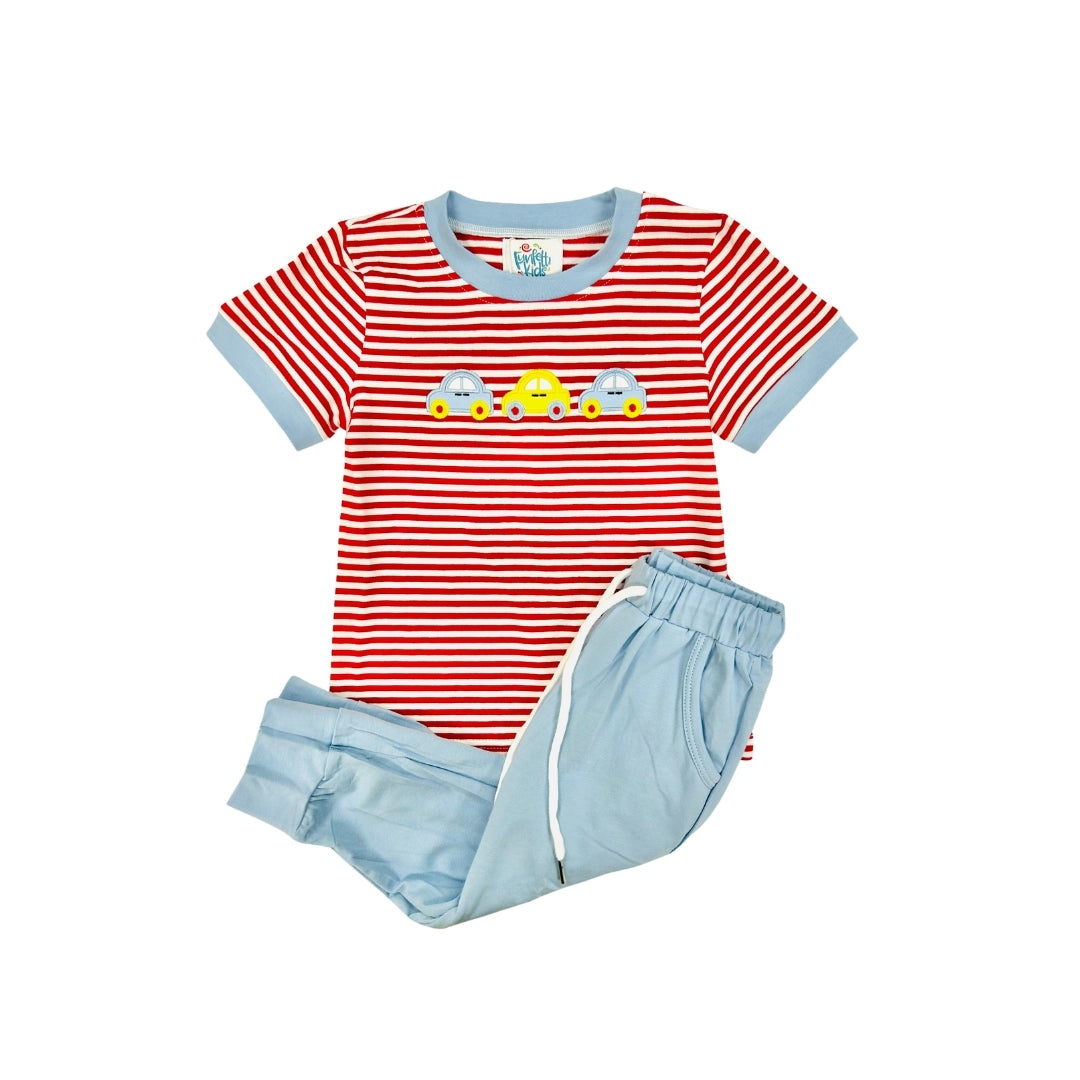 Funfetti Kids Red Stripe Car Applique Jogger Set