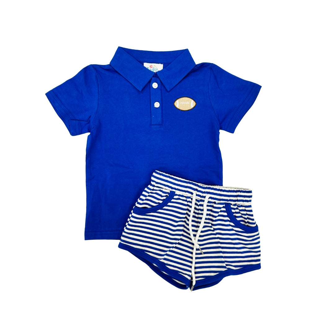 Funfetti Kids Royal Blue Stripe Embroidered Football Short Set
