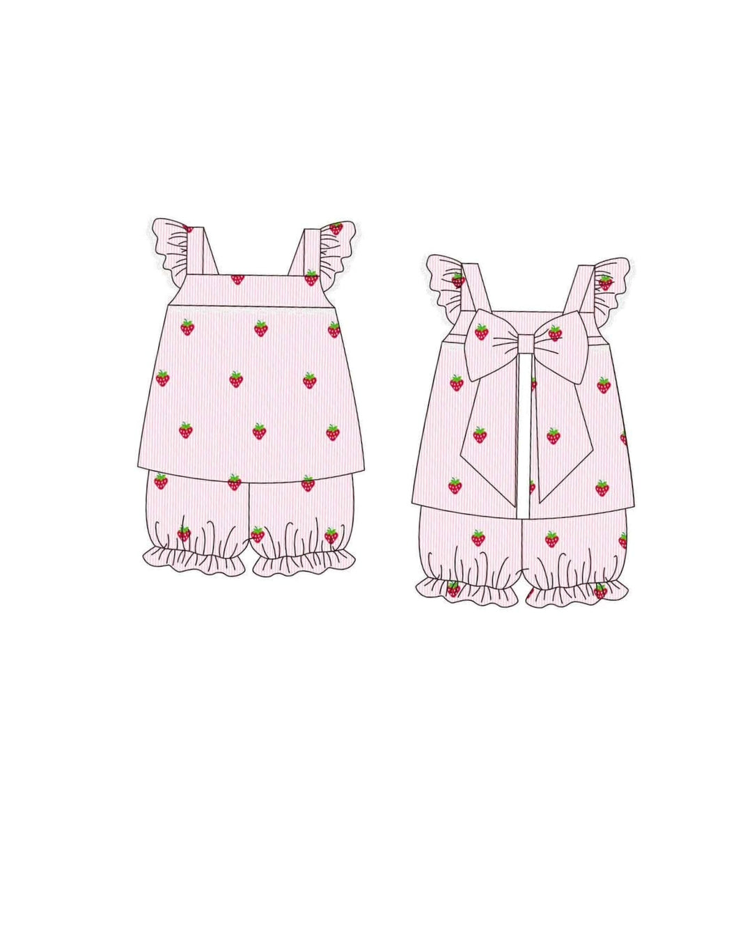PRE ORDER - Hazel Blue Pink Seersucker Strawberry Embroidered Bloomer Set with Bow Back