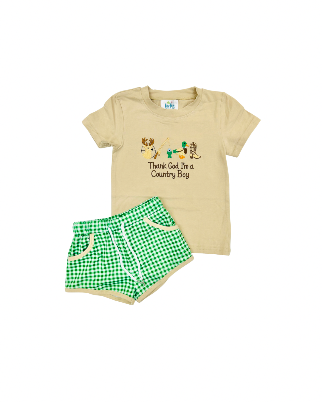 Funfetti Kids Thank God Im a Country Boy Applique Short Set