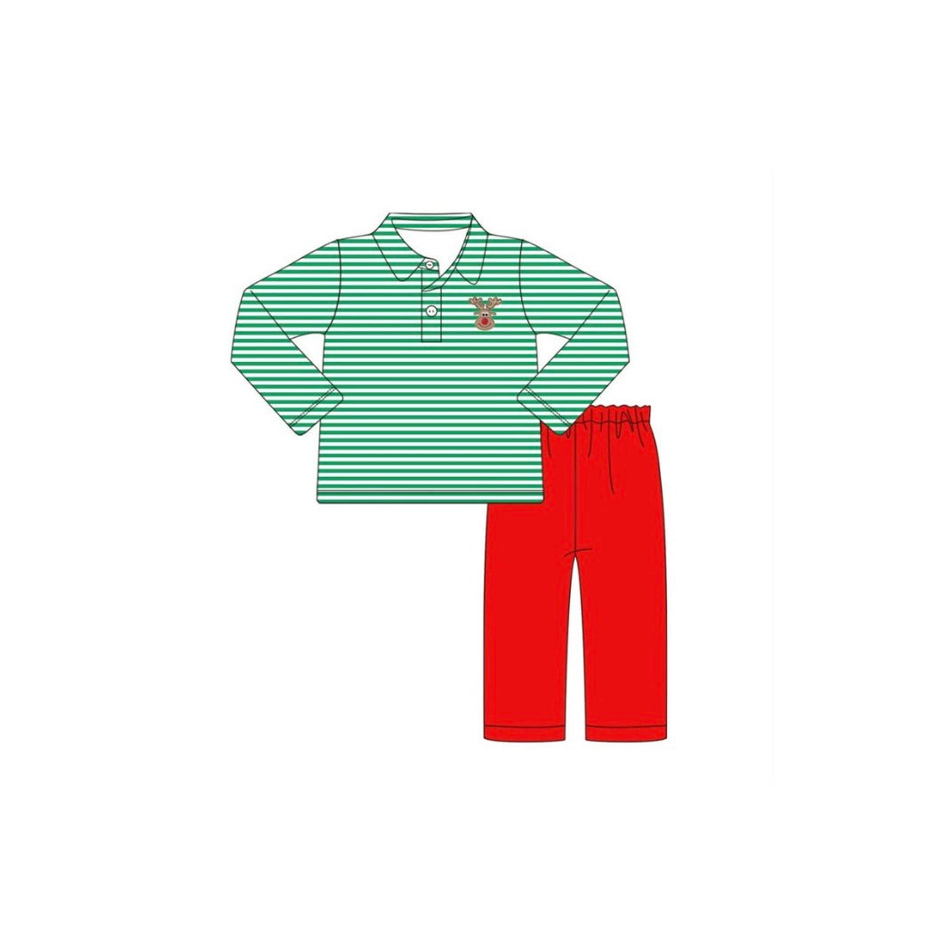 PRE ORDER - Funfetti Kids Embroidered Reindeer Stripe Polo/Pant Set