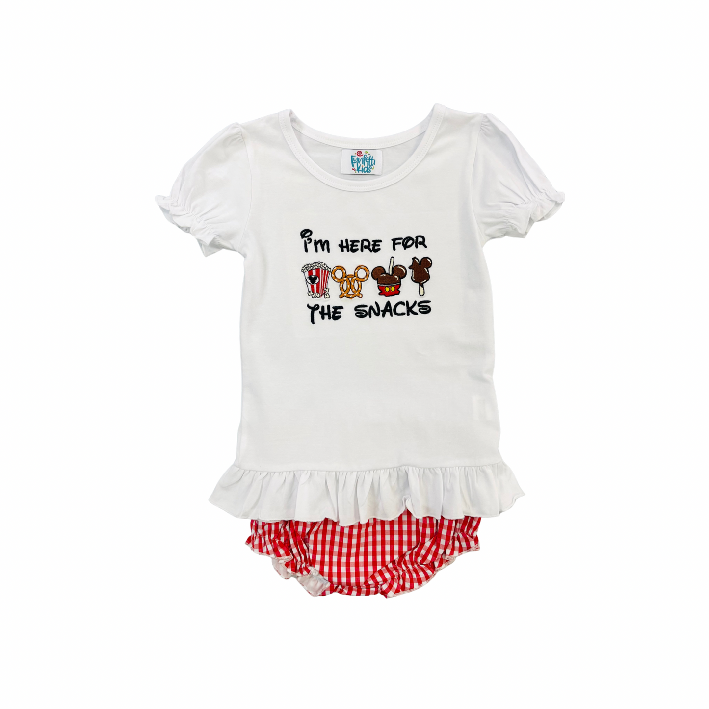 Funfetti Kids Girls “I’m here for the snacks” Embroidered Bloomer Set