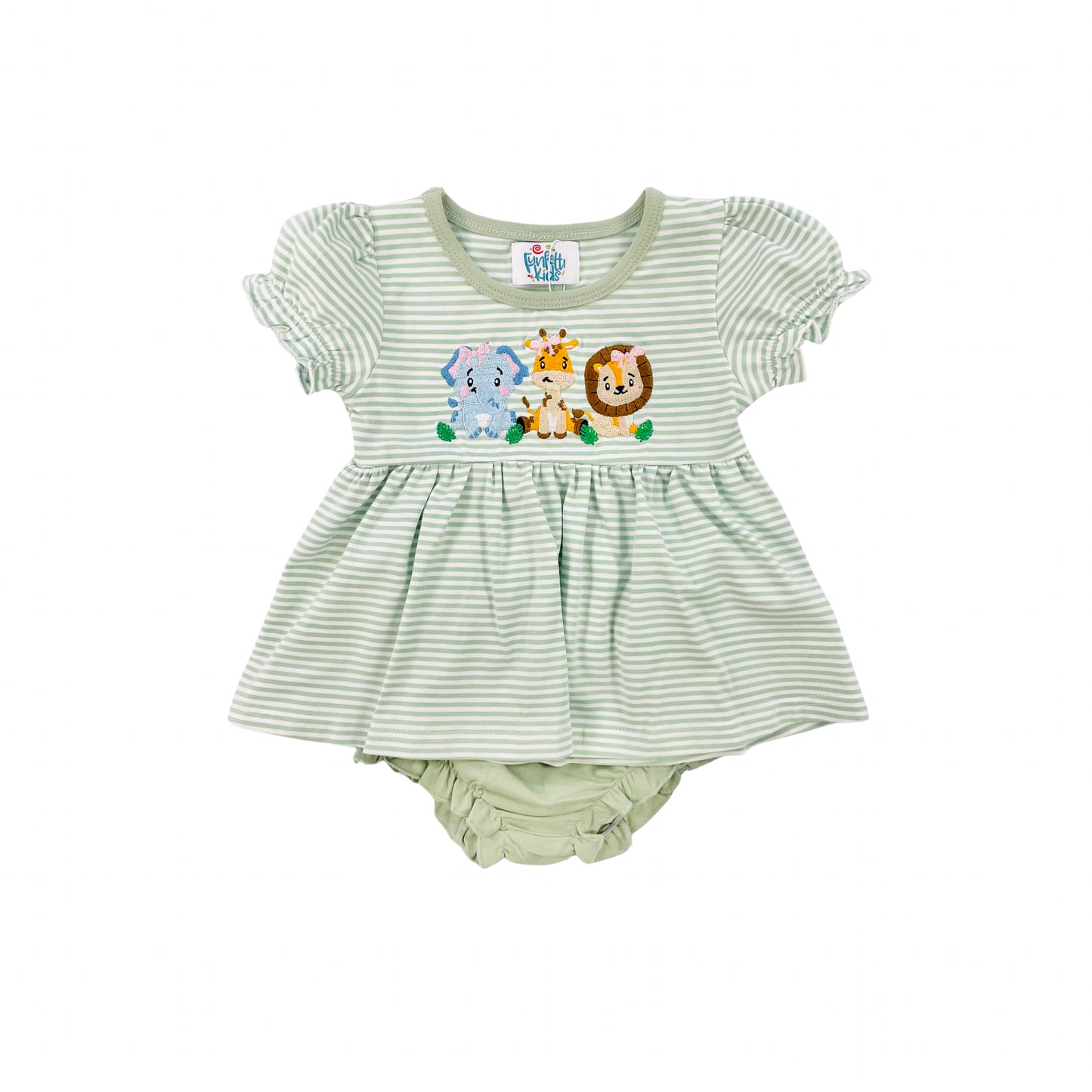 Funfetti Kids Girl Green Stripe Embroidered Animal Bloomer Set