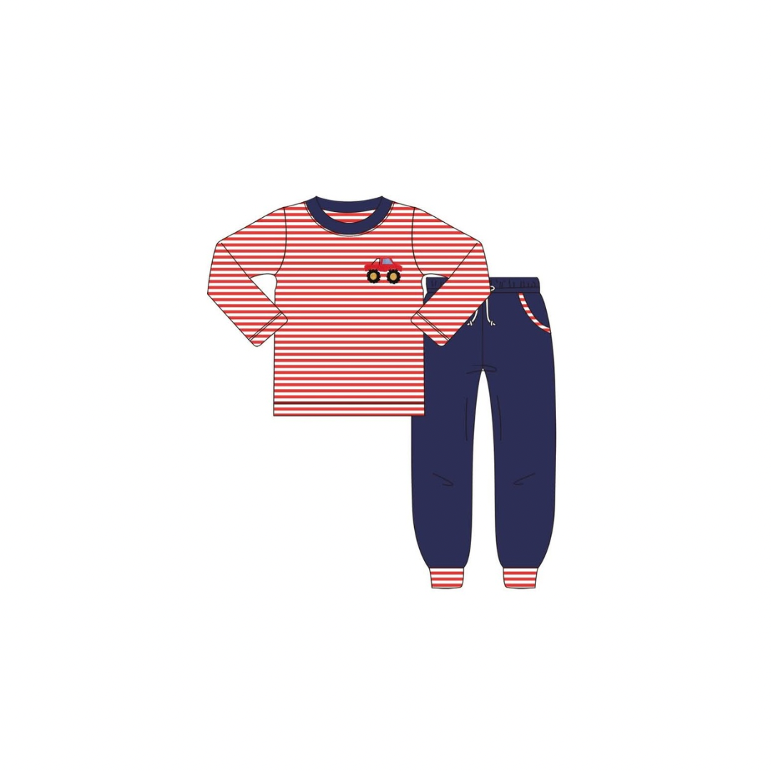 PRE ORDER - Funfetti Kids Red Stripe Monster Truck Applique Jogger Set