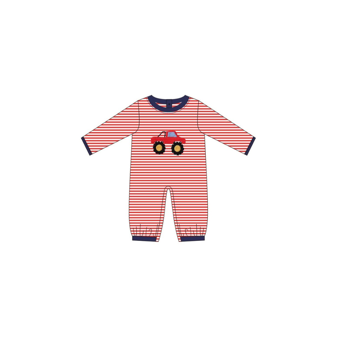 PRE ORDER - Funfetti Kids Red Stripe Monster Truck Applique Romper
