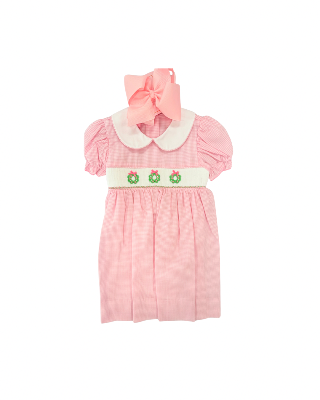 Petit Bebe Micro Gingham Hand Smocked Wreath/Bow Dress with White Collar