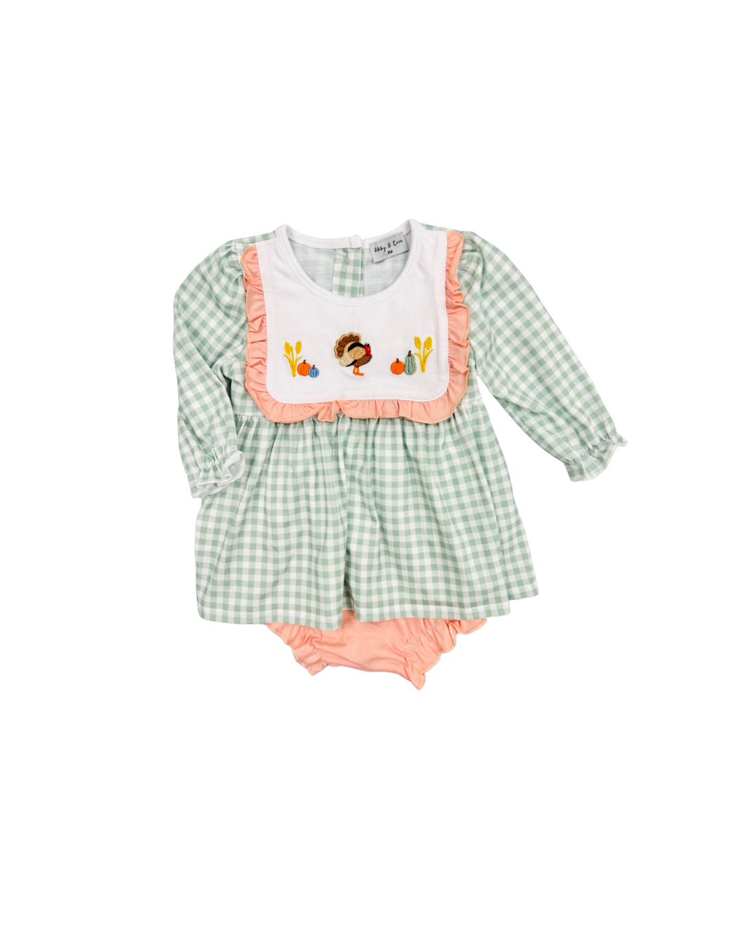 Peach/Sage Gingham Turkey Embroidered Ruffle Bloomer Set