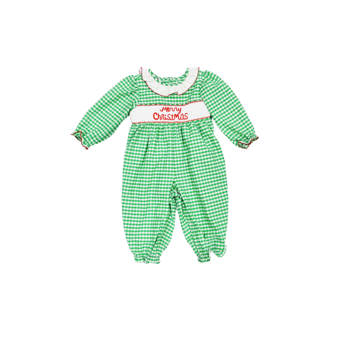 Elizabeth Ann Girl Hand Smocked Green Check Merry Christmas Romper