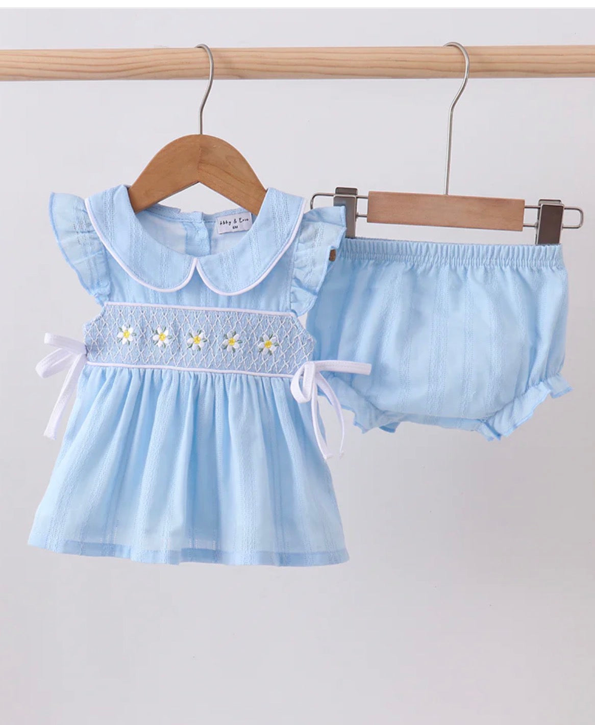 Blue Bloomer Set with Embroidered Flowers