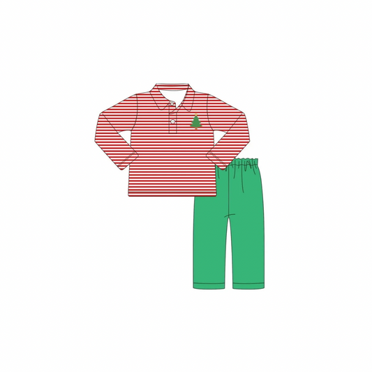 PRE ORDER - Funfetti Kids Embroidered Christmas Tree Stripe Polo/Pant Set