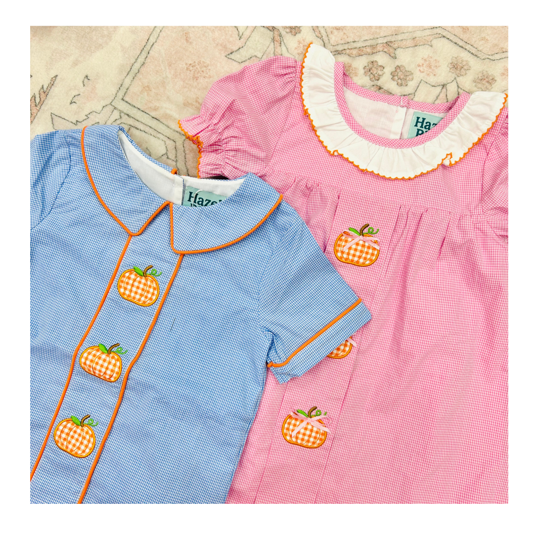 PRE ORDER - Hazel Blue Blue Micro Check Gingham Bubble with Pumpkin Applique