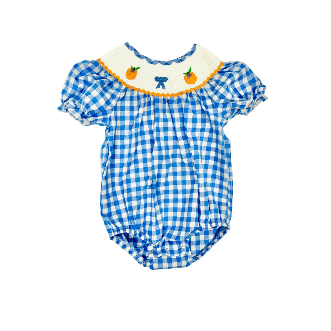 Blue Gingham/Embroidered Pumpkin with Bow Bubble
