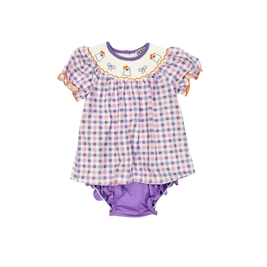 POSH Purple Gingham Embroidered Ghost/Bow Bloomer Set