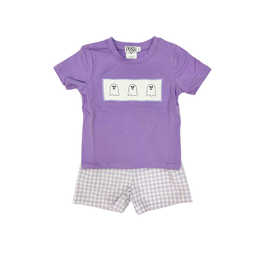 POSH Purple Gingham Embroidered Ghost Short Set