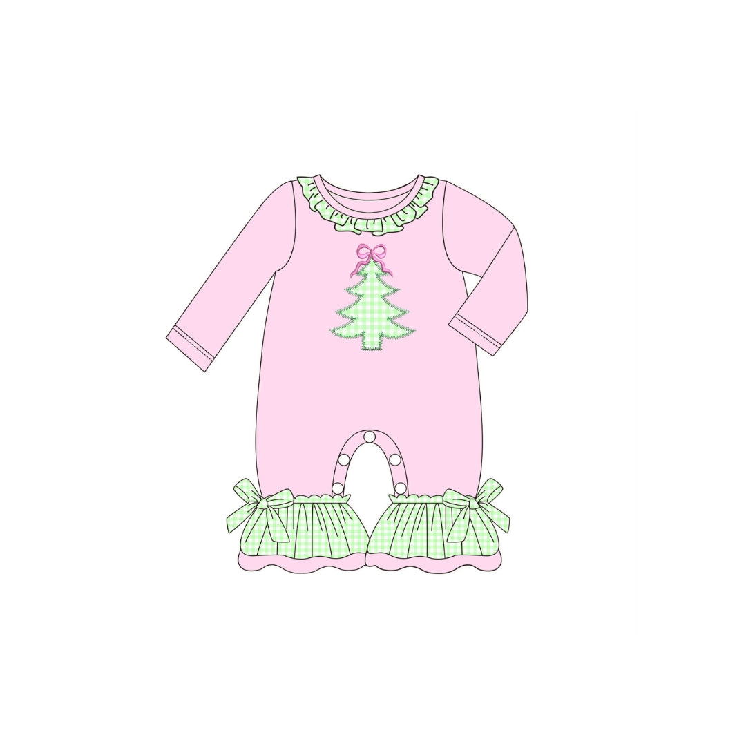 PRE ORDER - Funfetti Kids Pink/Green Gingham Christmas Tree Ruffle Romper