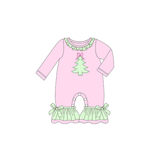 PRE ORDER - Funfetti Kids Pink/Green Gingham Christmas Tree Ruffle Romper