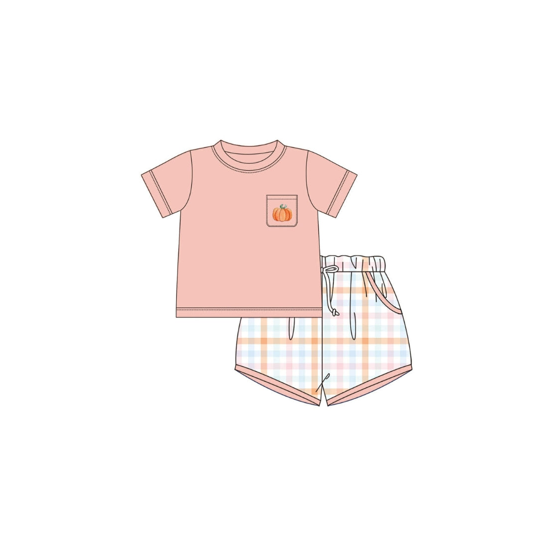 PRE ORDER - Funfetti Kids Embroidered Pumpkin Pocket/Plaid Short Set