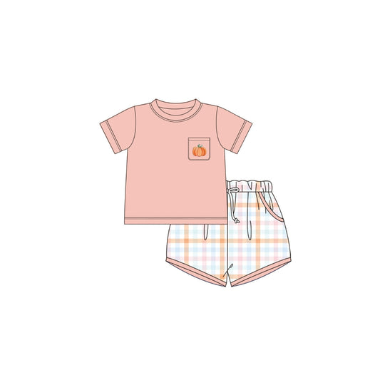 PRE ORDER - Funfetti Kids Embroidered Pumpkin Pocket/Plaid Short Set