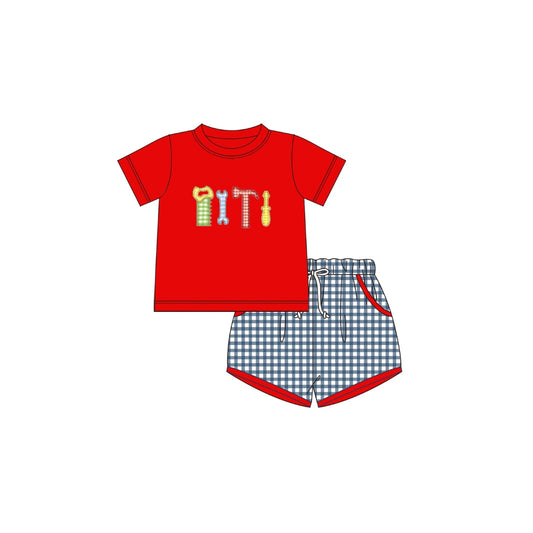 PRE ORDER - Funfetti Kids Tool Applique/Gingham Short Set