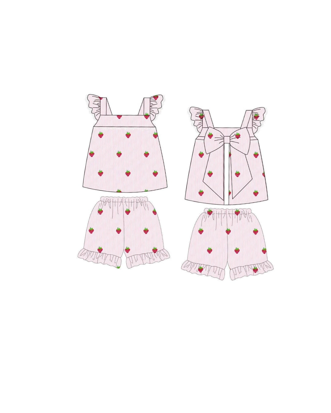PRE ORDER - Hazel Blue Pink Seersucker Strawberry Embroidered Short Set with Bow Back