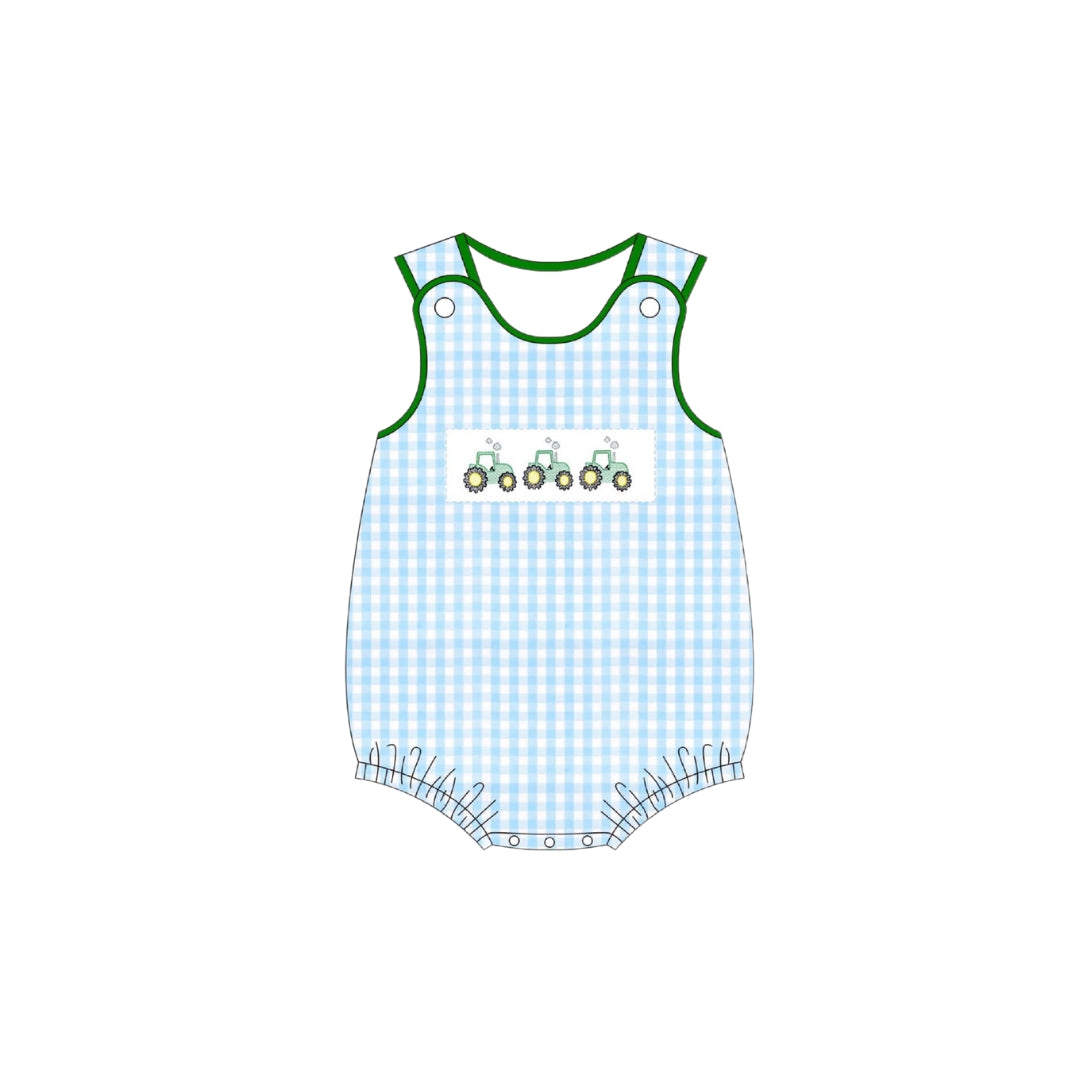 PRE ORDER - Funfetti Kids Blue Check/Tractor Applique Bubble