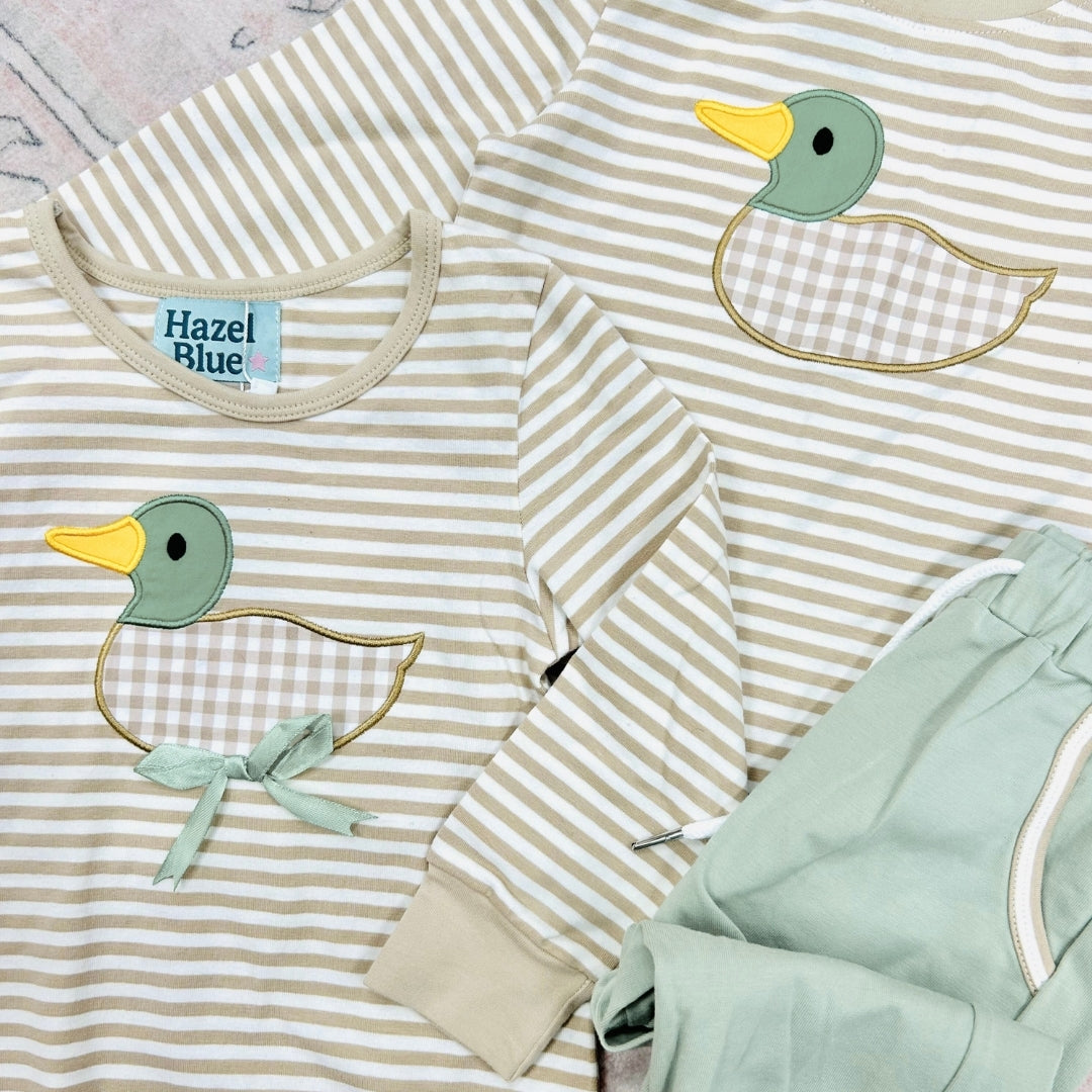 PRE ORDER - Hazel Blue Tan Stripe/Gingham Mallard Applique with Sage Joggers