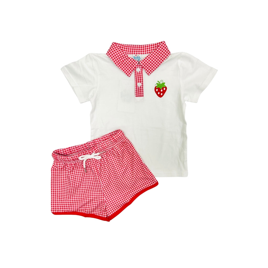 Funfetti Kids Strawberry Collared GIngham Short Set