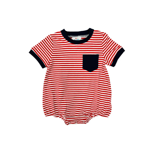 Funfetti Kids Red Knit Stripe Bubble with Navy Trim