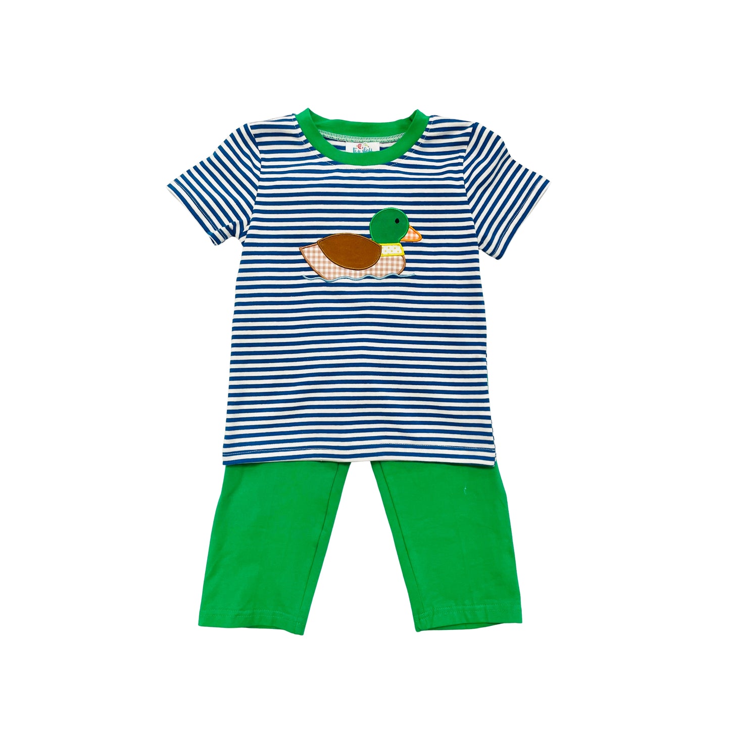 Funfetti Kids Boy Duck Applique Blue Stripe Pant Set