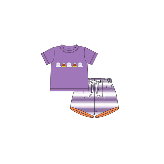 PRE ORDER - Funfetti Kids Purple Stripe Ghost/Candy Corn Applique Short Set