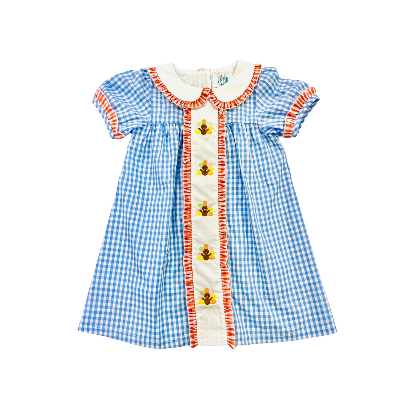 Funfetti Kids Girl Turkey Check Embroidered Ruffle Detail Dress