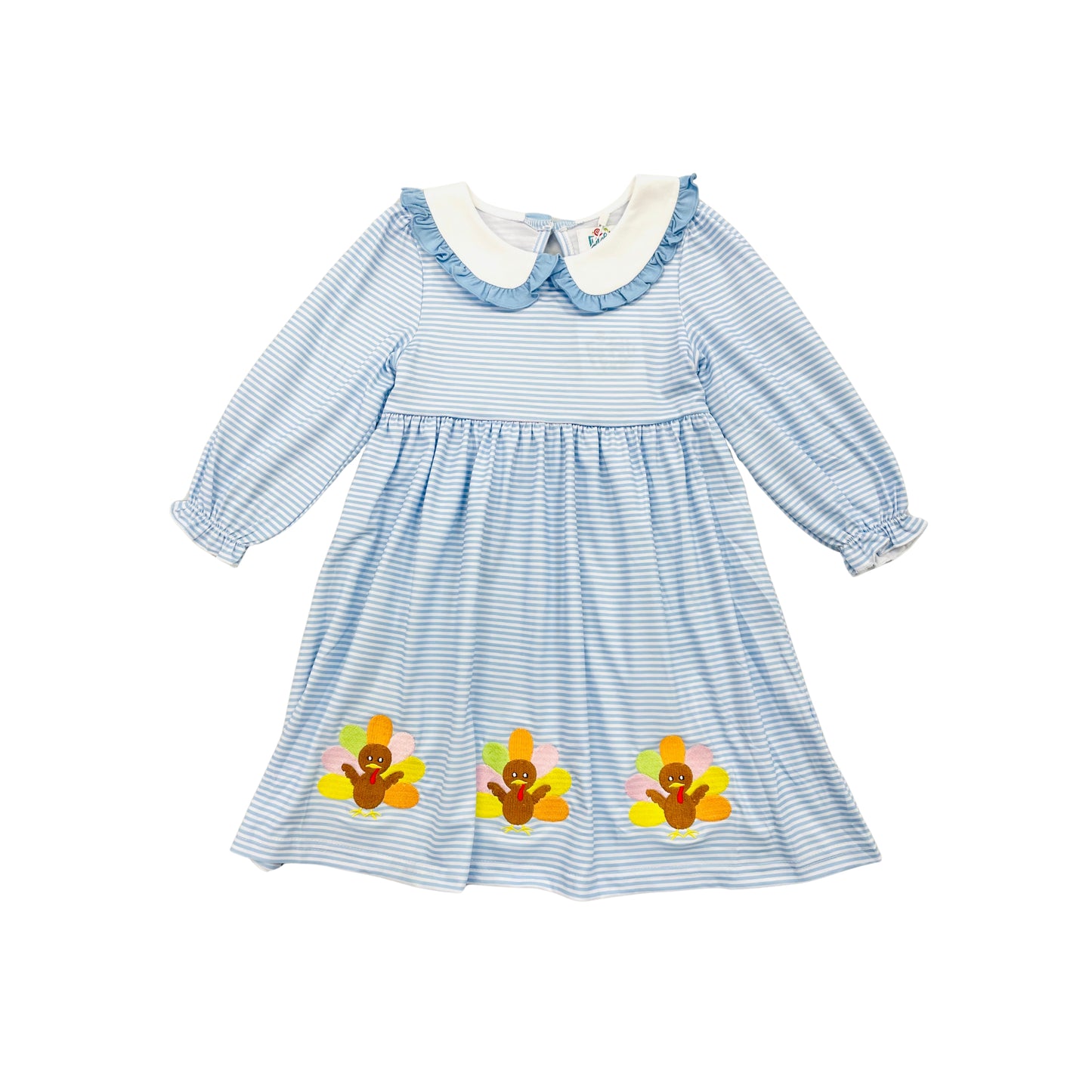 Funfetti Kids Girl Embroidered Turkey Blue Stripe Dress