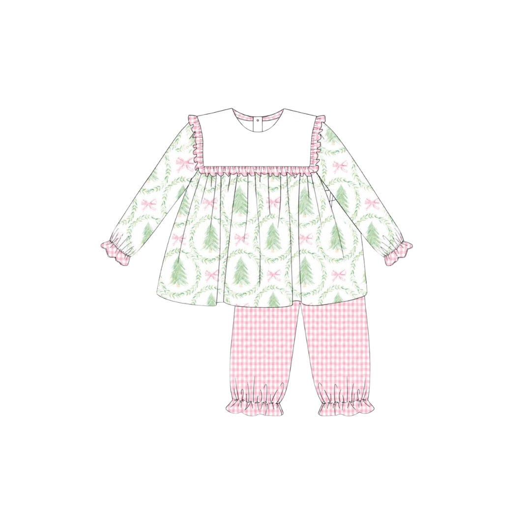 PRE ORDER - Funfetti Kids Christmas Tree/Bow Gingham Pant Set