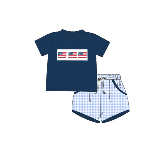 PRE ORDER - Funfetti Kids Navy Gingham Flag Embroidered Short Set