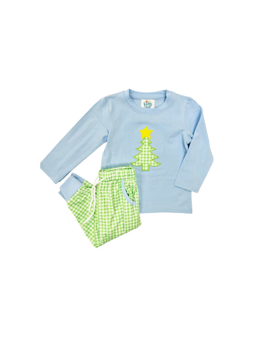 Funfetti Kids Blue/Green Gingham Christmas Tree Applique Jogger Set