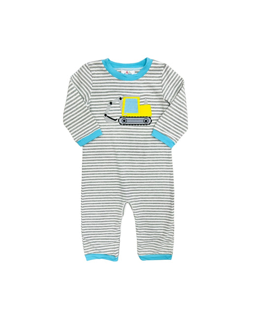 Funfetti Kids Grey Stripe Excavator Applique Romper
