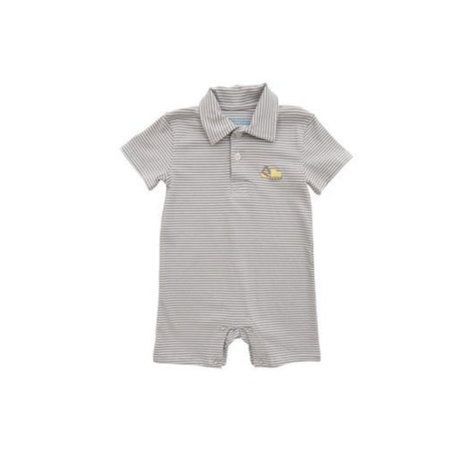 Itsy Bitsy Embroidered Excavator Striped Romper