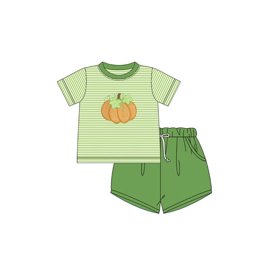 PRE ORDER - Funfetti Kids Green Stripe Short Set with Pumpkin Applique