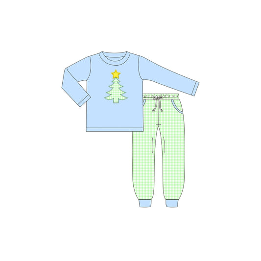 PRE ORDER - Funfetti Kids Blue/Green Gingham Christmas Tree Jogger Set