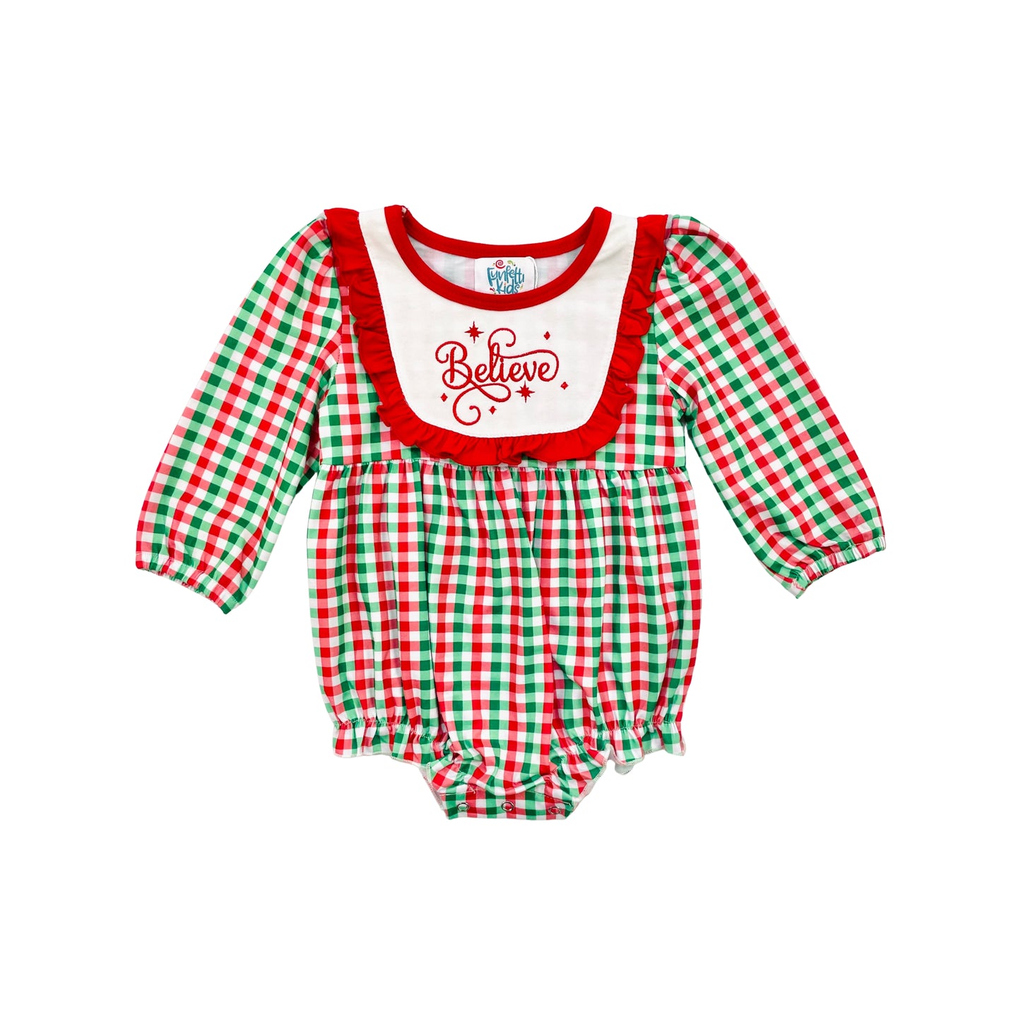 Funfetti Kids Girl Believe Embroidered Plaid Bubble