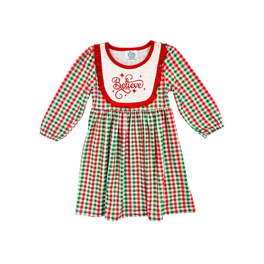 Funfetti Kids Girl Believe Embroidered Plaid Dress