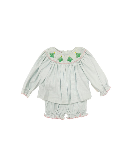 Petit Bebe Pima Hand Smocked Christmas Tree Ruffle Bloomer Set