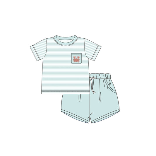 PRE ORDER - Funfetti Kids Sage Stripe Crab Embroidered Short Set