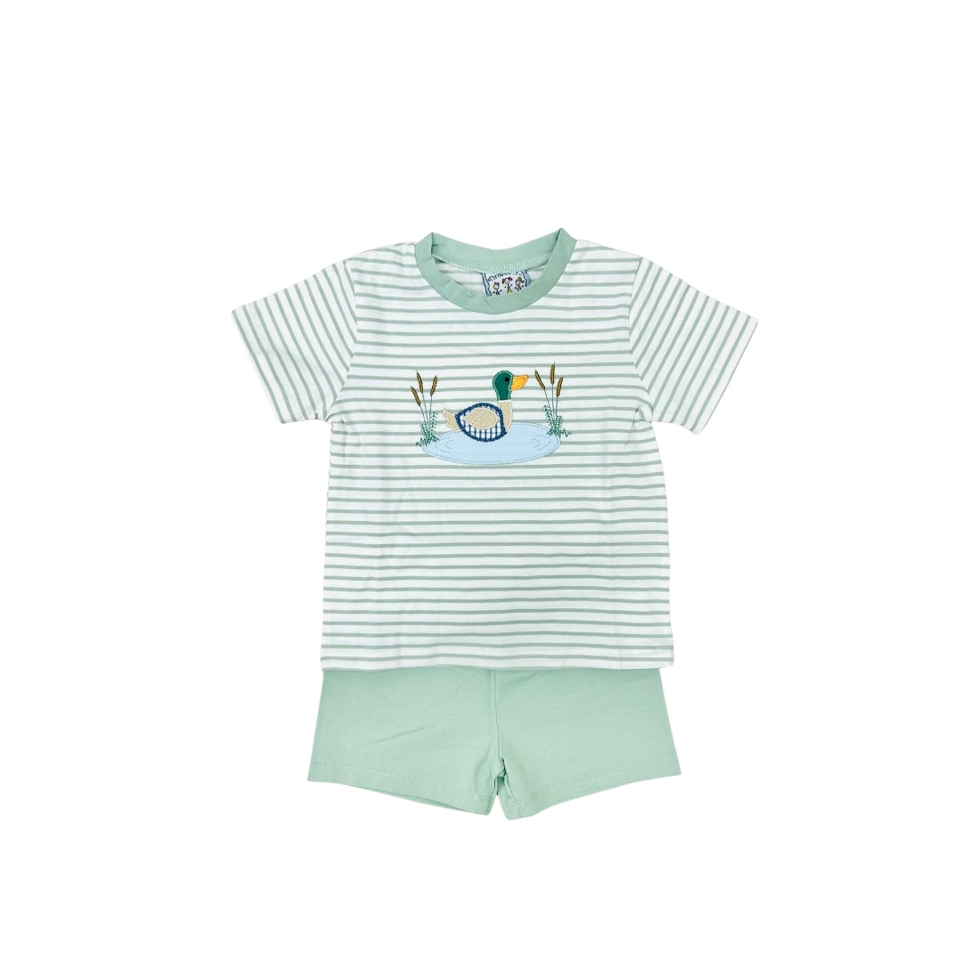 Three Sisters Green Stripe Duck Applique Short Set