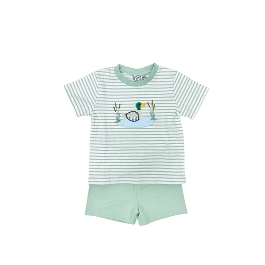 Three Sisters Green Stripe Duck Applique Short Set