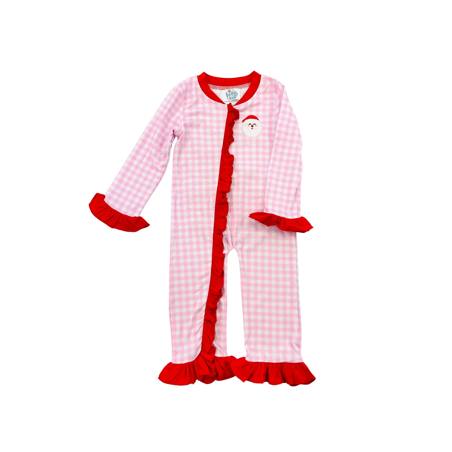 Funfetti Kids Girl Check Santa Applique Onesie with Butt Flap