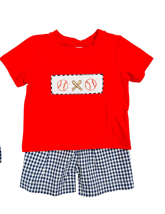 Funfetti Kids Boy Hand Smocked Blue Check Baseball Short Set