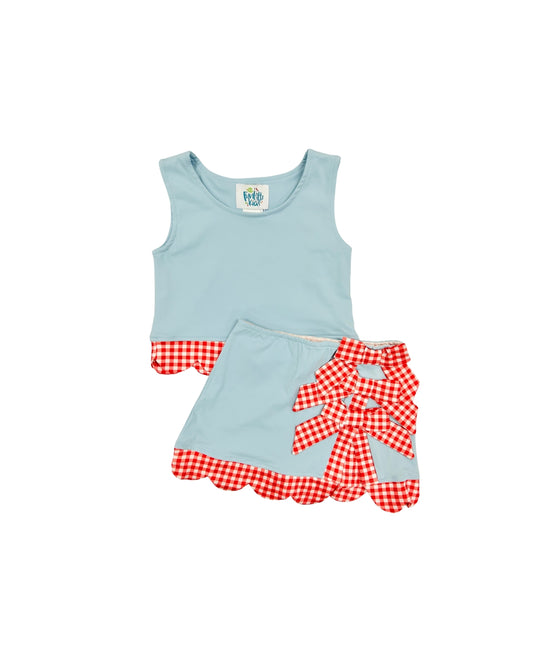 Funfetti Kids Light Blue/Red Gingham Bow Active Skirt Set